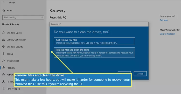 Remove files and clean the drive را انتخاب کنید 